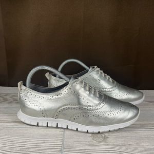 Cole Haan Zerogrand Womens Silver Metallic Wingtip Lace-Up Shoe Size 9C Wide